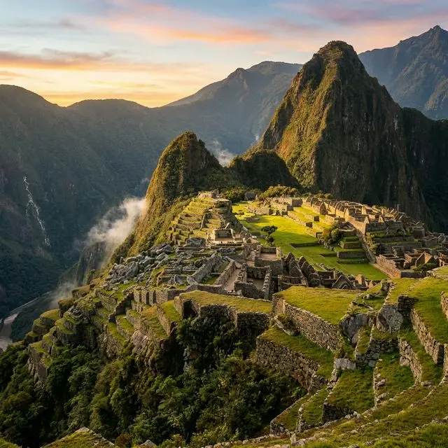 Vista panorámica de la Ruta de la Realeza con llamas y andenes